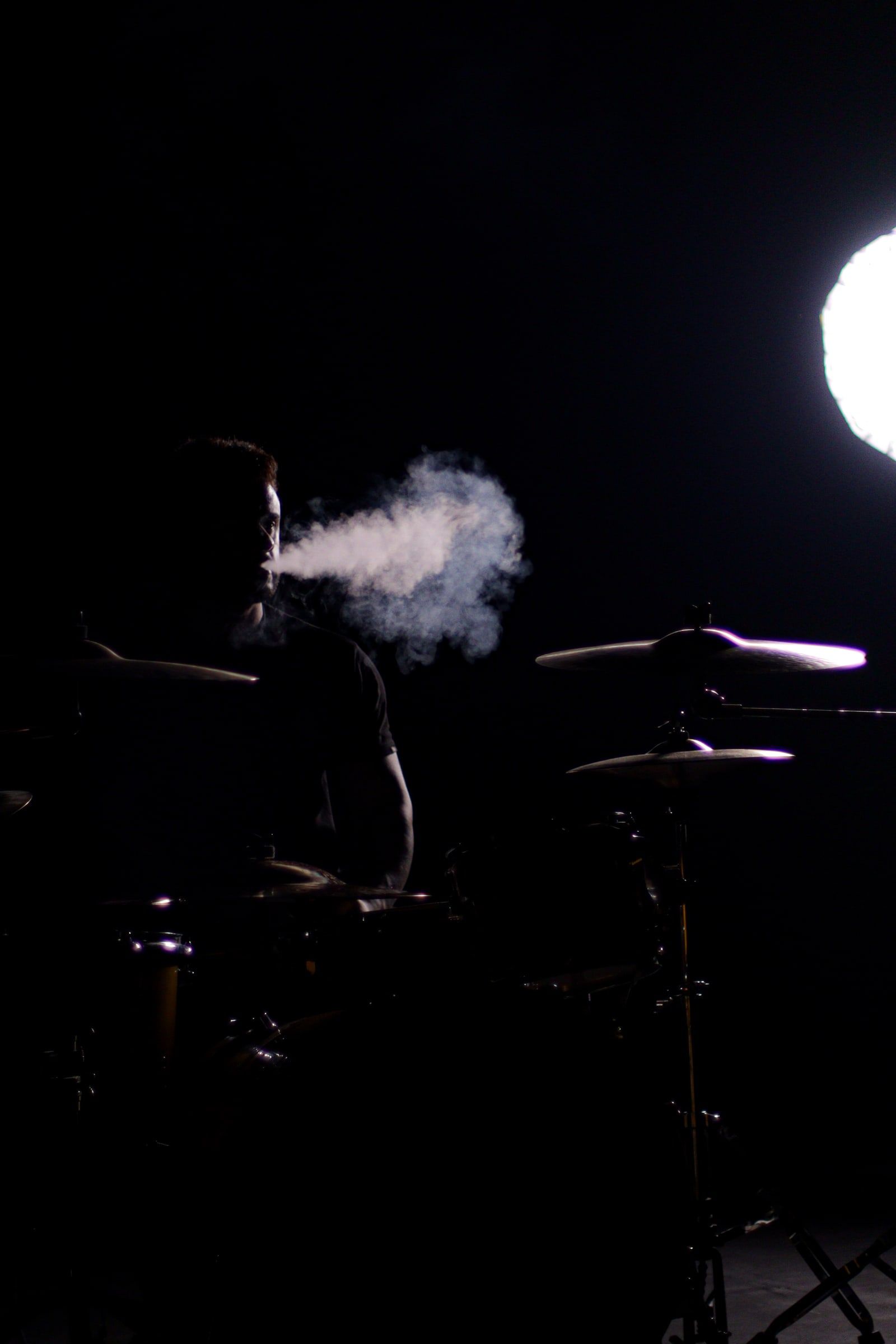 8K drummer in silhouette with smoke, 2024 promo session